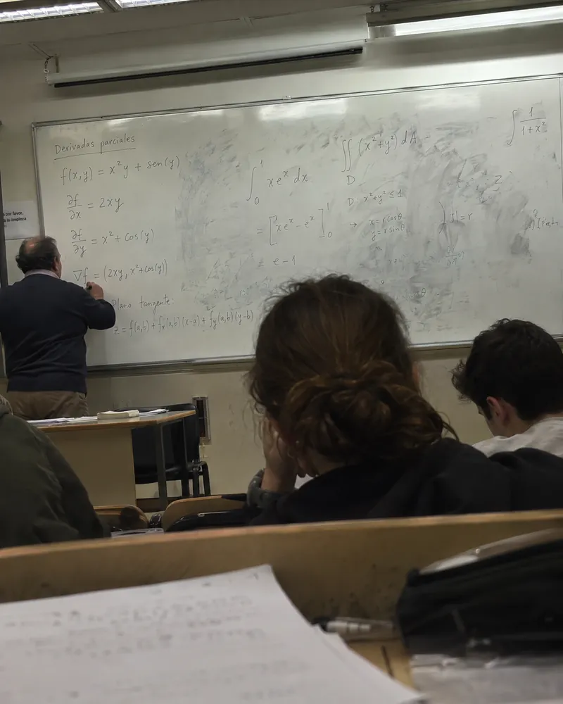 La pizarra de una clase de cálculo llena de ecuaciones, vista desde las últimas filas